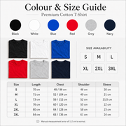 Cotton T-shirt colour and size guide with available colours and measurement chart