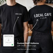 Black staff uniform T-shirts showing left chest logo and large back print example