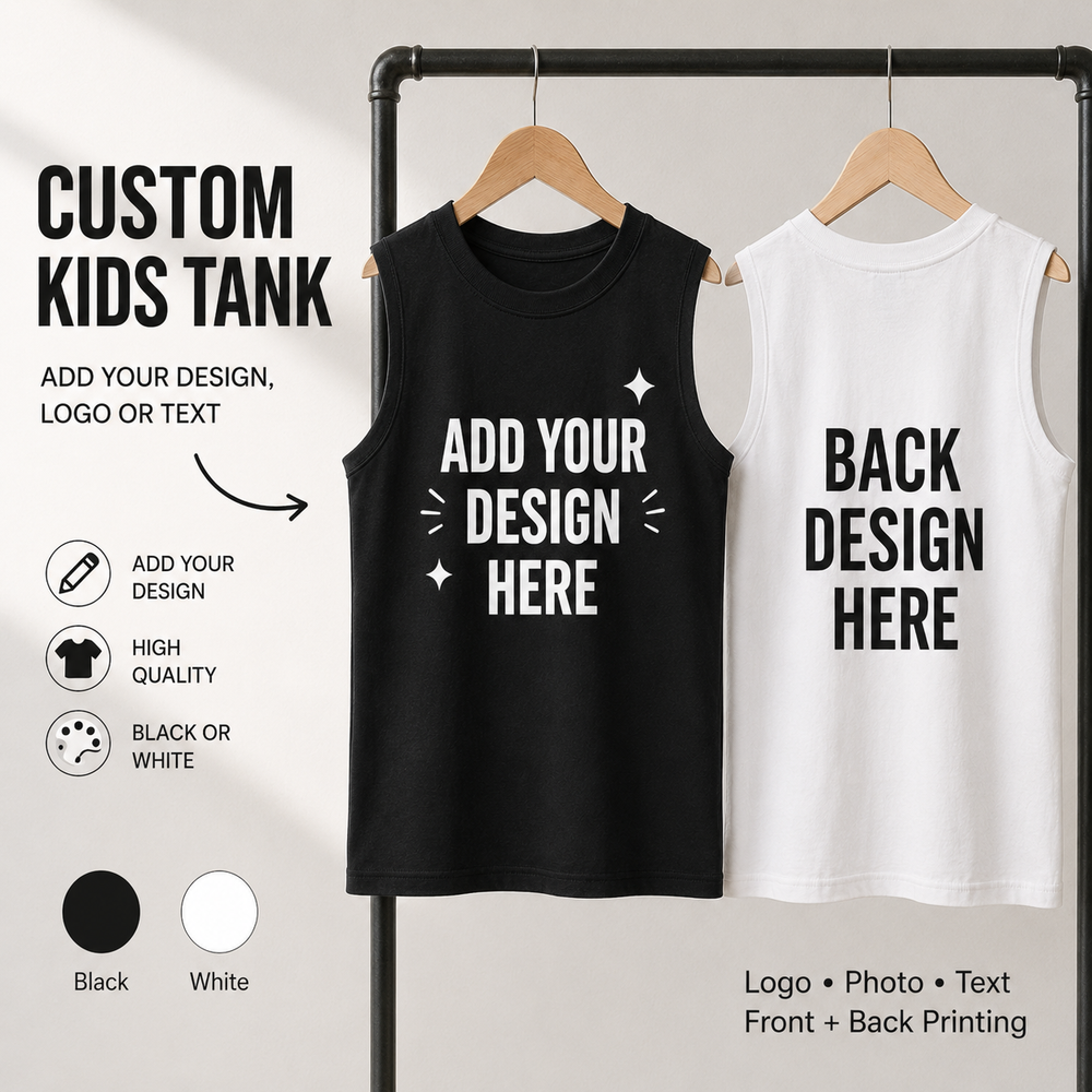 Sleeveless vest mockup showing front design area and back print option