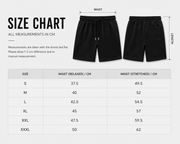 Custom shorts size chart with waist measurements