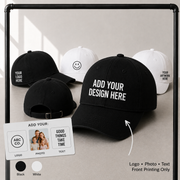 Custom baseball caps showing front print areas, colours and order options