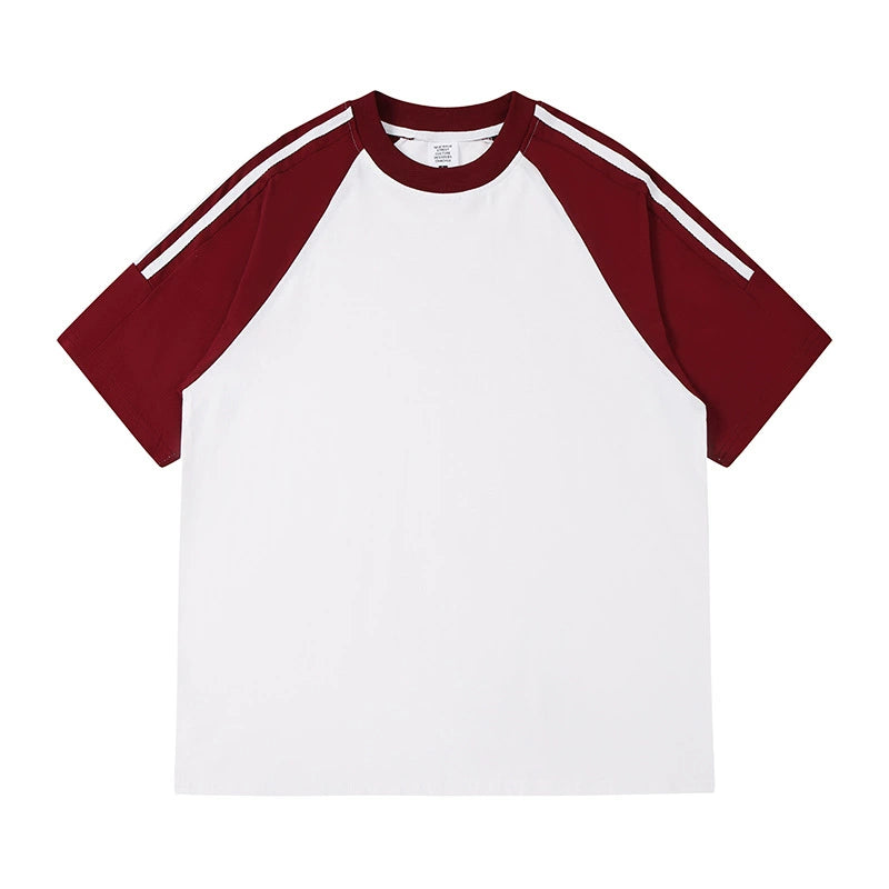 Close-up of the three-stripe sleeve detail on the cotton t-shirt