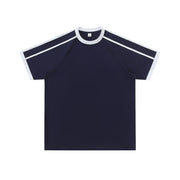 Detail of the neckline and stitching on the cotton t-shirt