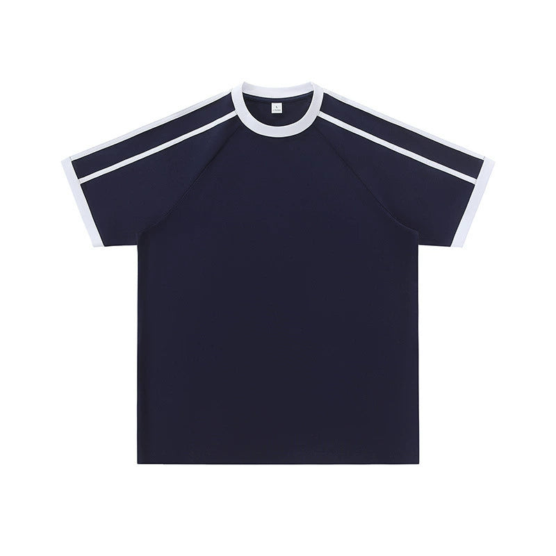 Detail of the neckline and stitching on the cotton t-shirt